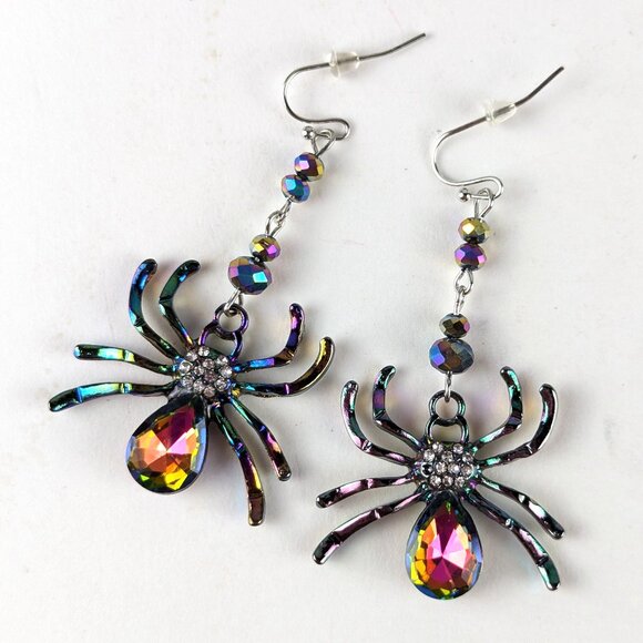 Spooky Iridescent Jewel Spider Earrings - Picture 1 of 4